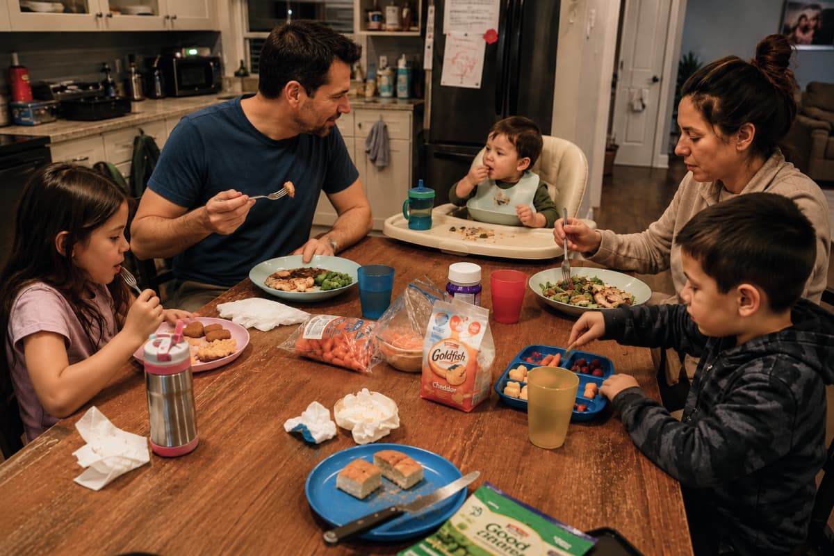Family sitting at dinner table together — parents and children eating, mix of familiar products visible on table including Goldfish crackers and other items, relaxed natural scene with everyday table clutter