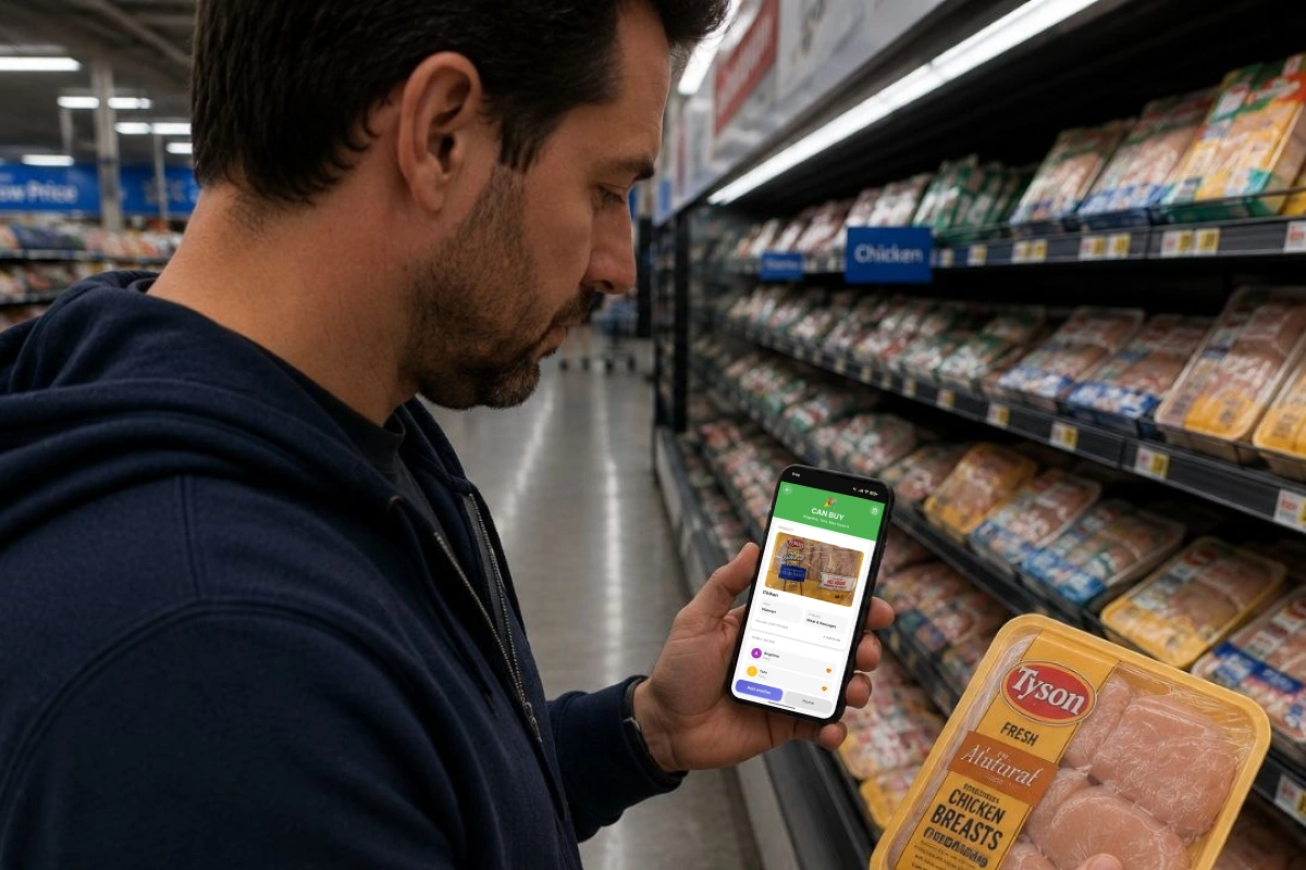 Dad in Walmart chicken aisle holding Tyson chicken breasts in one hand and phone with Favory app showing CAN BUY rating in the other — chicken section visible in background