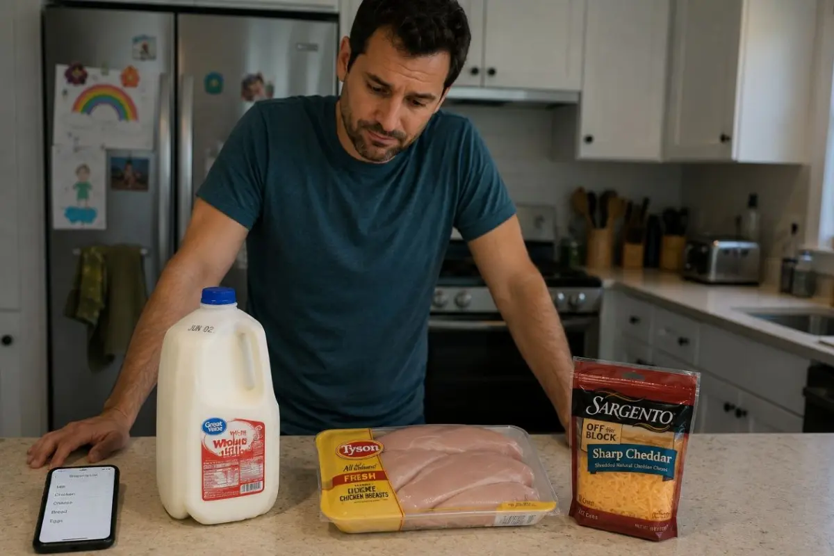 Dad standing in kitchen looking at products he bought — whole milk, Tyson chicken breasts, and shredded cheddar on the counter next to a phone showing a generic shopping list with only abstract items like milk, chicken, cheese