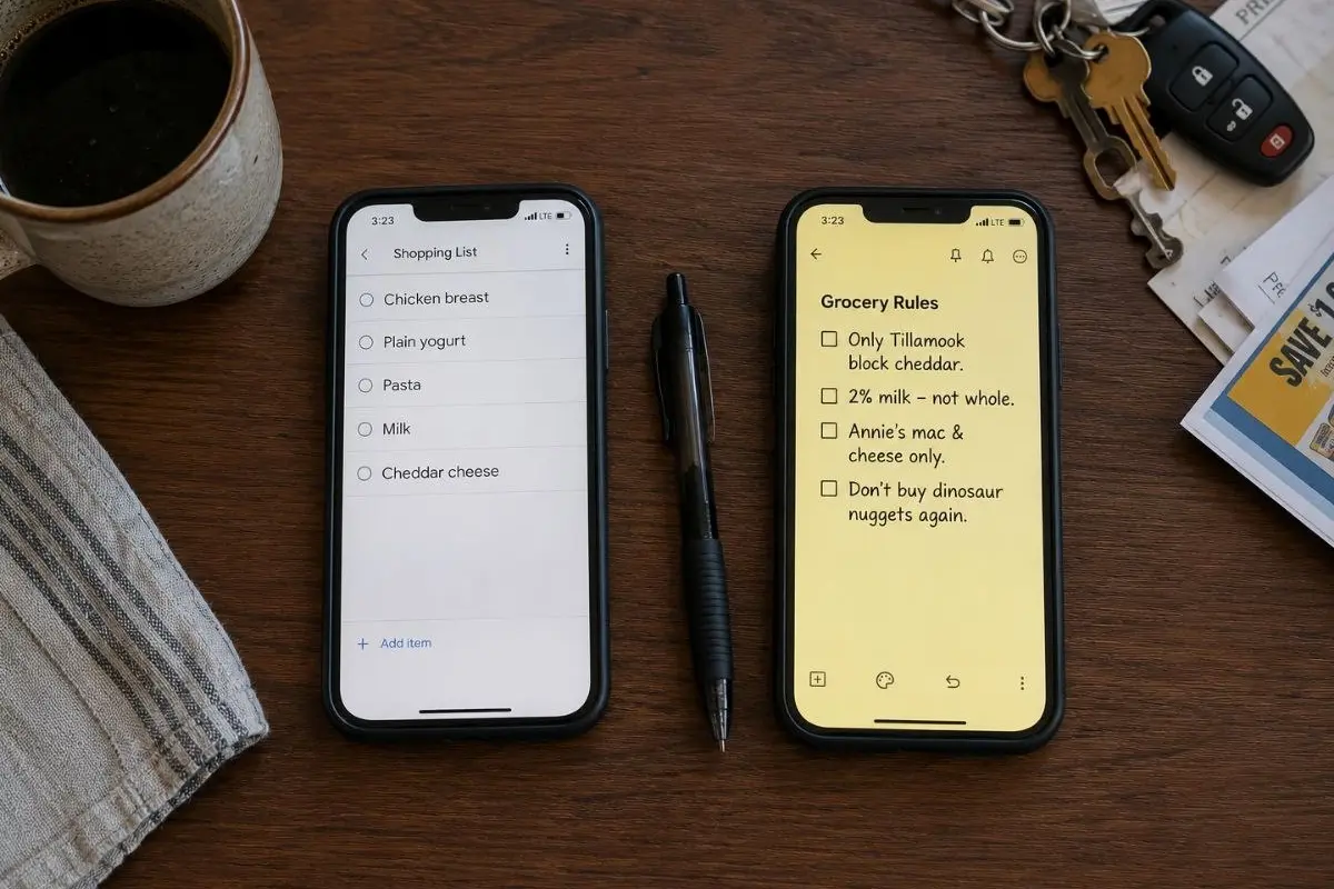 Top-down view of two phones on a kitchen table: left shows a generic shopping list with abstract ingredients like chicken breast, plain yogurt, pasta, milk, cheddar cheese; right shows a Notes app titled Grocery Rules with specific family rules: Only Tillamook block cheddar, 2% milk not whole, Annie's mac and cheese only, Don't buy dinosaur nuggets again