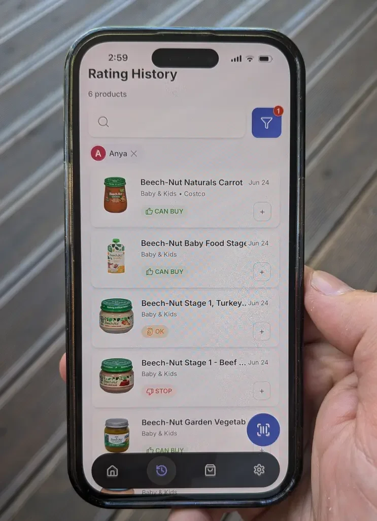 Favory app showing baby's Rating History — 6 Beech-Nut baby foods with CAN BUY, OK and STOP verdicts for one child