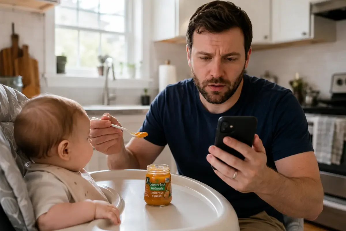 Dad feeding baby butternut squash puree while checking his phone, trying to remember what they've already tried
