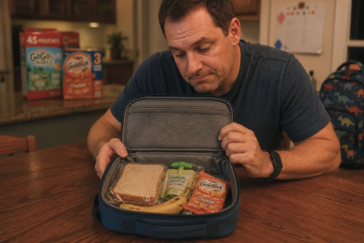 Dad opening a lunchbox in the evening finding an untouched sandwich, GoGo Squeez and Goldfish inside — large Costco packs visible in the background, school backpack on the right