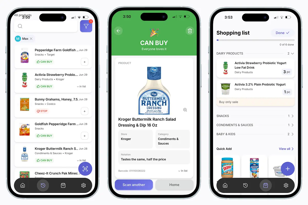 Favory app showing three screens: Rating History for Max with Goldfish CAN BUY and Bunny Grahams STOP, Kroger Ranch detail screen with notation 'Tastes the same, half the price', and Shopping List with Activia yogurt and categories organized by type