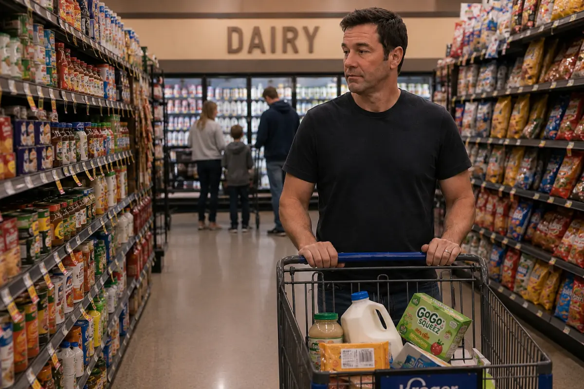 Man calmly pushing a Kroger shopping cart with Tillamook cheddar, GoGo Squeez and Goldfish visible in the cart — phone not in hand, family blurred in the background near the dairy section