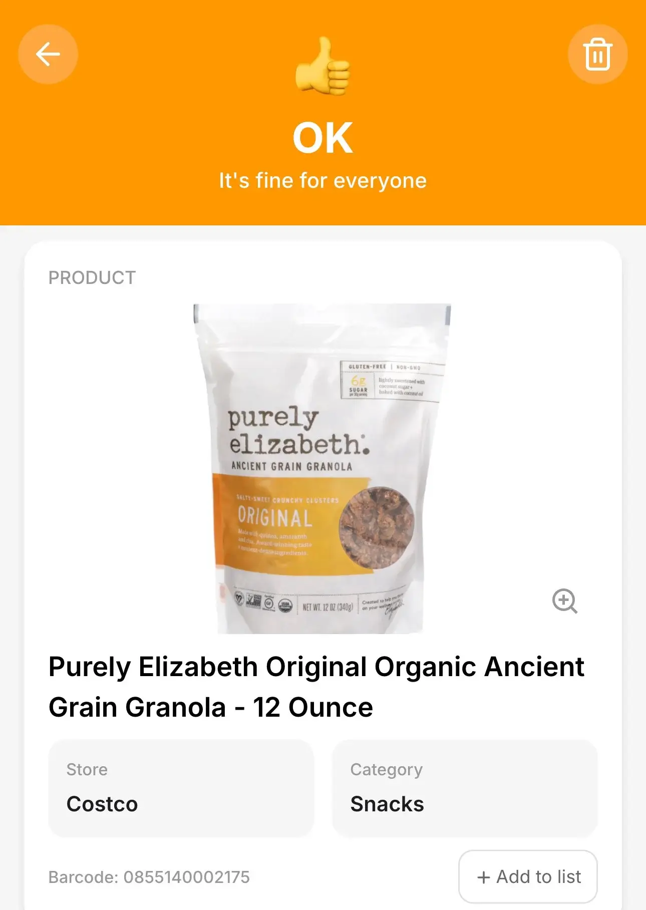 Favory app displaying family grocery ratings after scanning a product barcode
