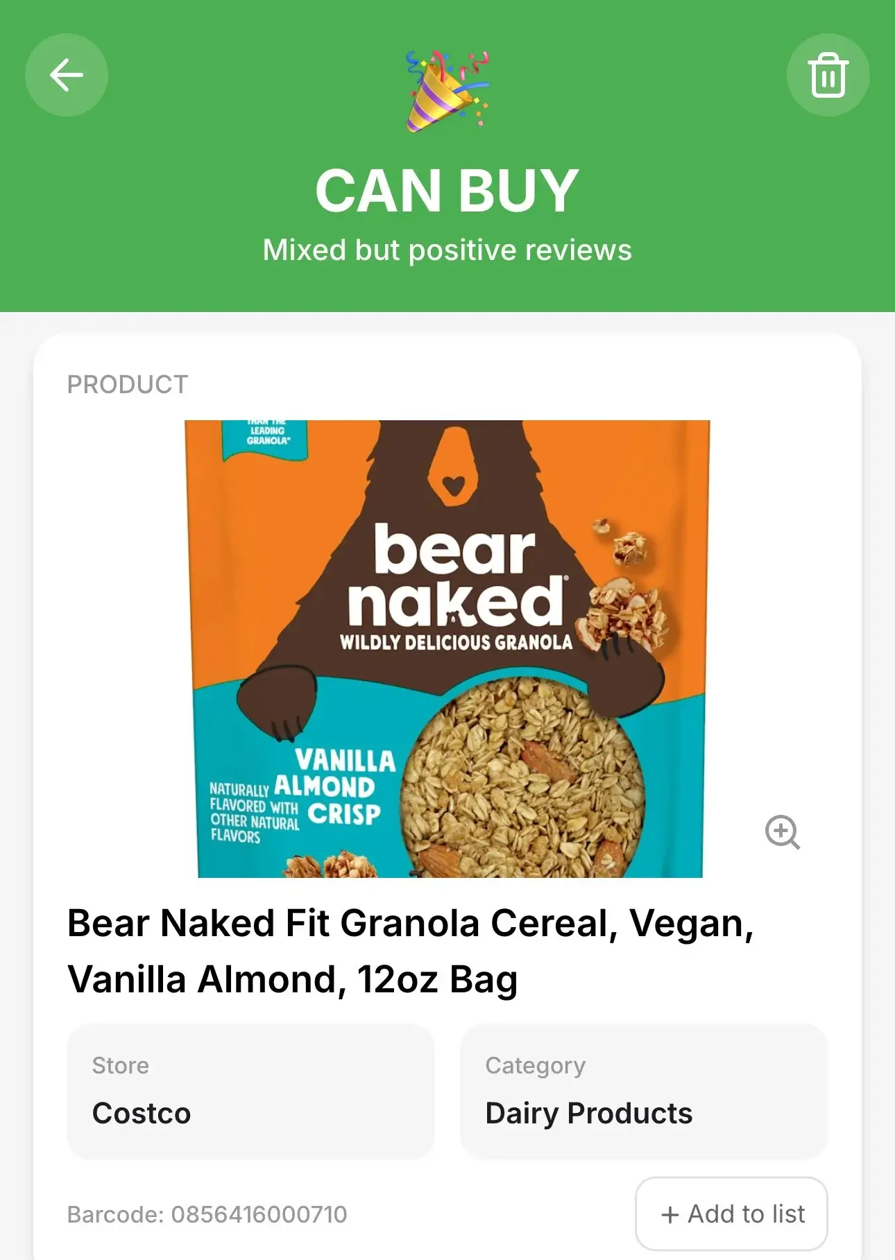 Favory grocery app showing family product ratings in store