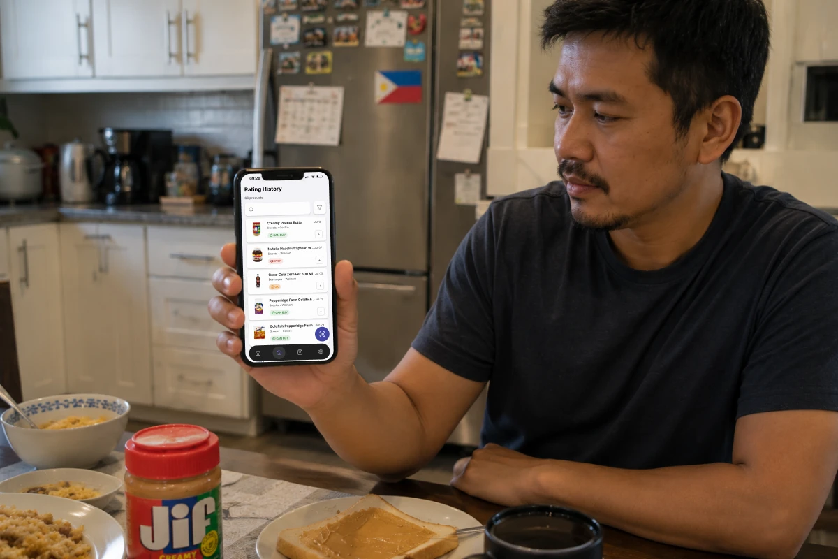 Filipino dad sitting at kitchen table holding phone showing Favory Rating History with Nutella marked STOP and Jif peanut butter marked CAN BUY — Philippine flag visible on fridge in background