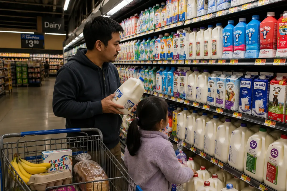 Parent standing in a large American grocery store aisle with a child, looking at the overwhelming number of product choices on the shelves