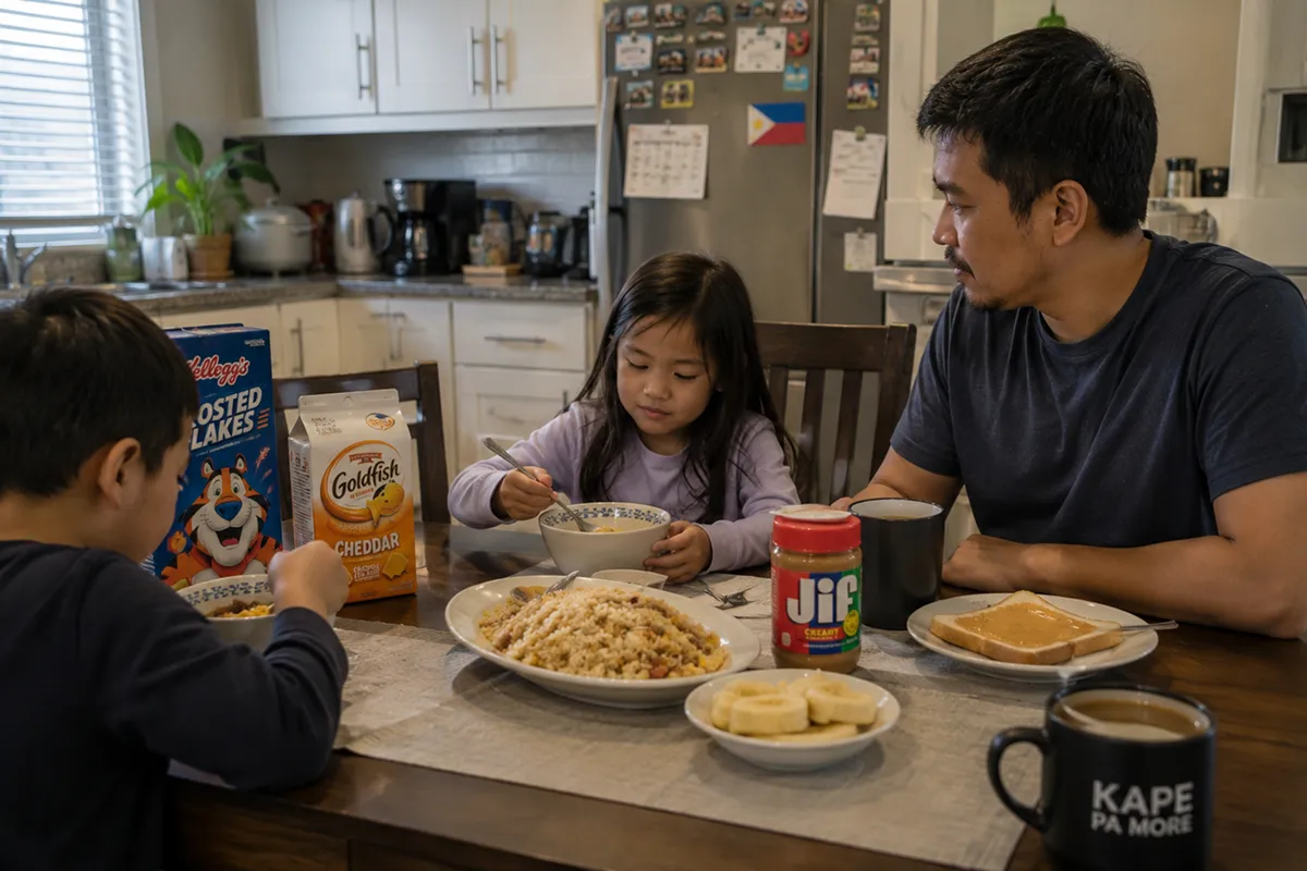 Filipino family having breakfast together — sinangag and Frosted Flakes, Goldfish, Jif peanut butter and peanut butter toast on the same table, Philippine flag on the fridge, KAPE PA MORE mug