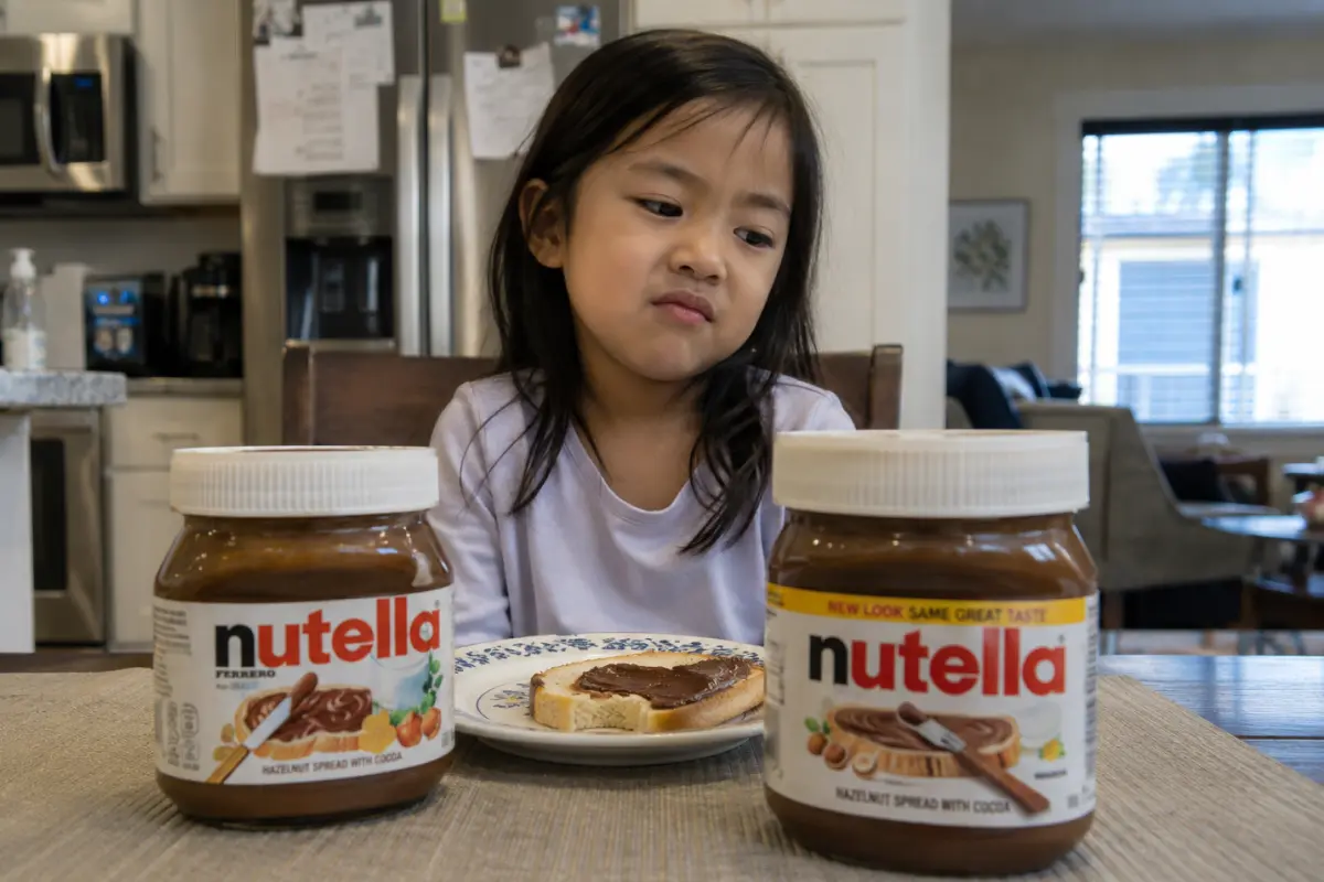 Filipino girl sitting between two Nutella jars — one from home, one American — looking at them with a skeptical expression, a toast with Nutella on a plate between them