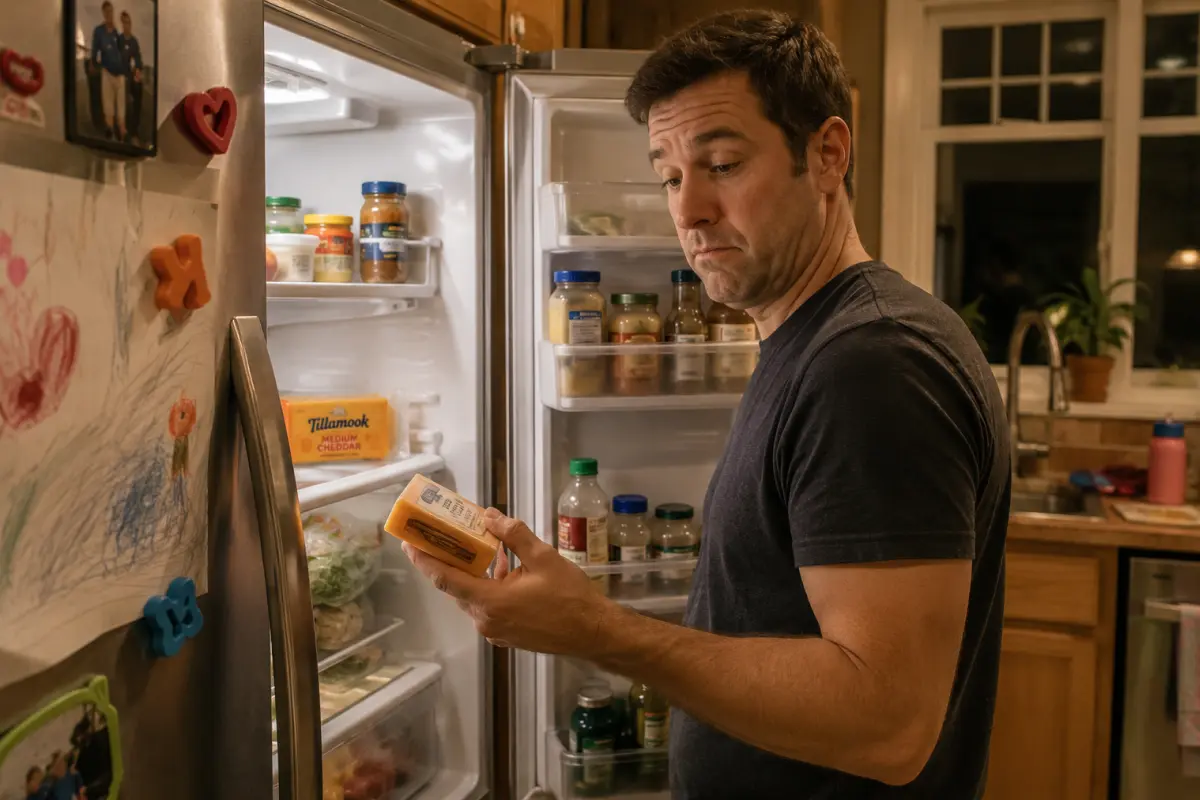 Dad standing in front of open fridge at night holding the wrong cheese with a look of tired recognition — Tillamook block cheddar visible on the shelf, children's drawings on the fridge door