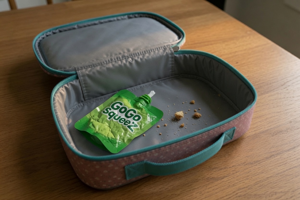 Open lunchbox after school with an empty crumpled GoGo Squeez pouch and crumbs — lunchbox came back empty