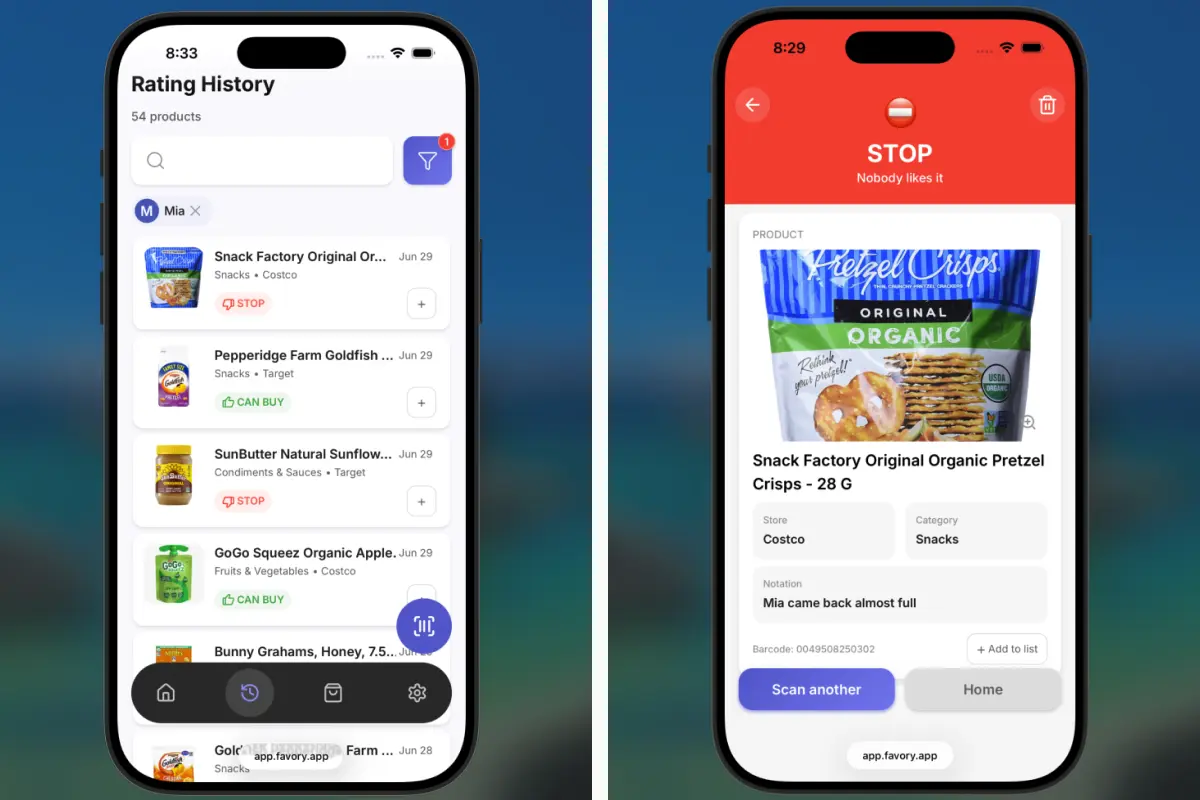 Favory app Rating History for Mia showing SunButter as STOP and Goldfish and GoGo Squeez as CAN BUY