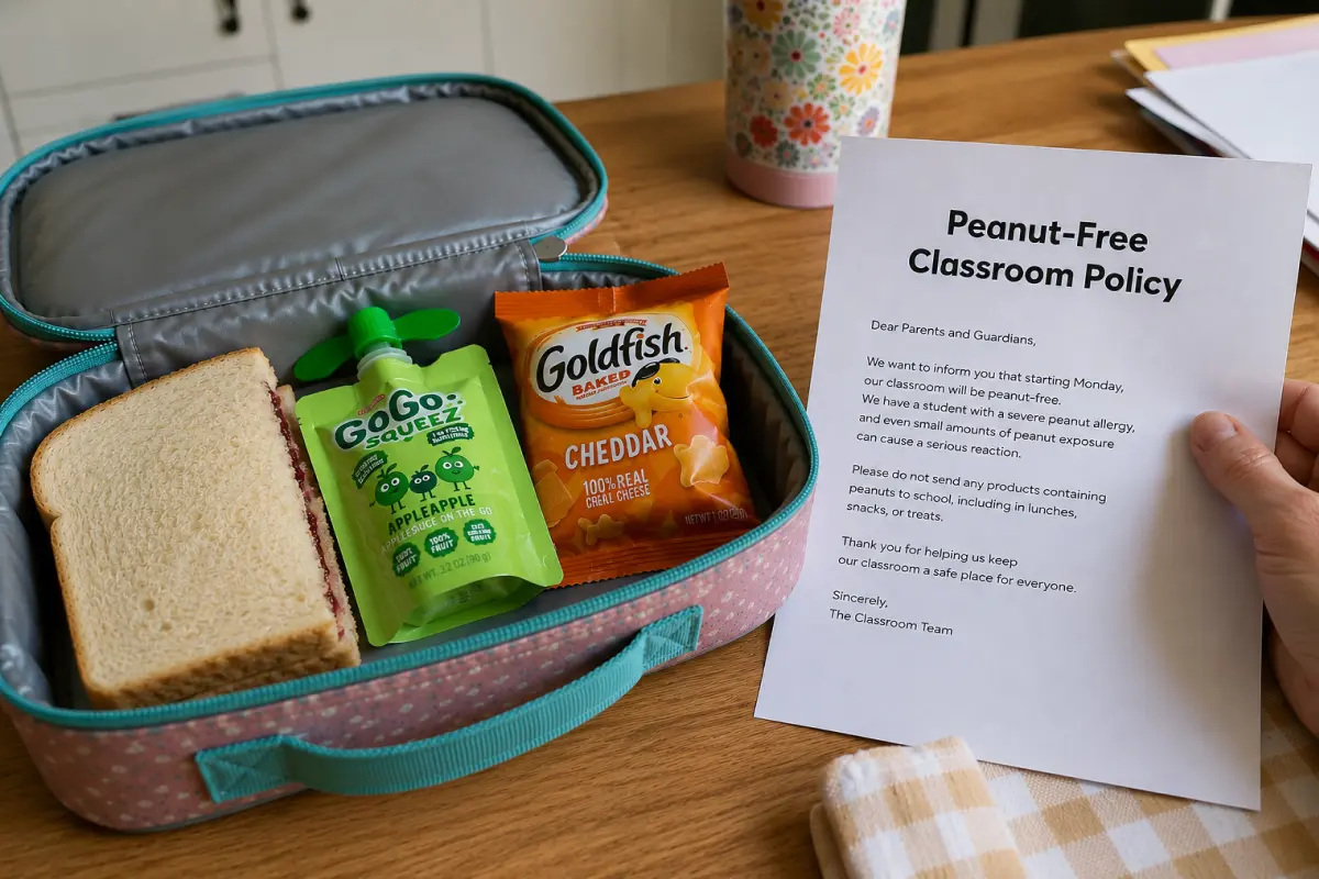 Open lunchbox with PB&J sandwich, GoGo Squeez and Goldfish next to a Peanut-Free Classroom Policy letter