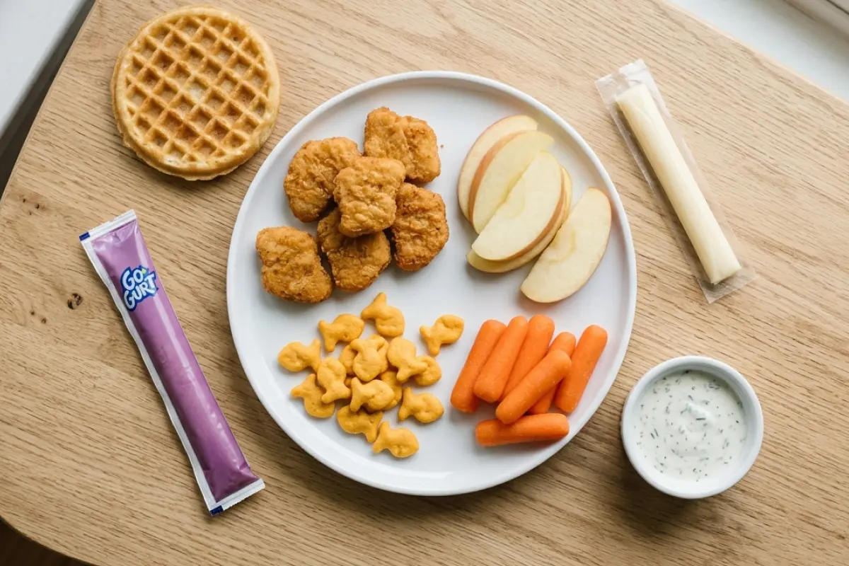 Picky eater safe foods: chicken nuggets, goldfish crackers, apple slices, carrots with ranch, GoGurt and string cheese