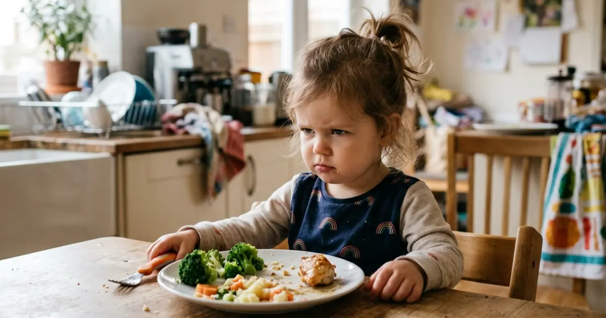 Toddler looking suspiciously at a plate of broccoli and vegetables