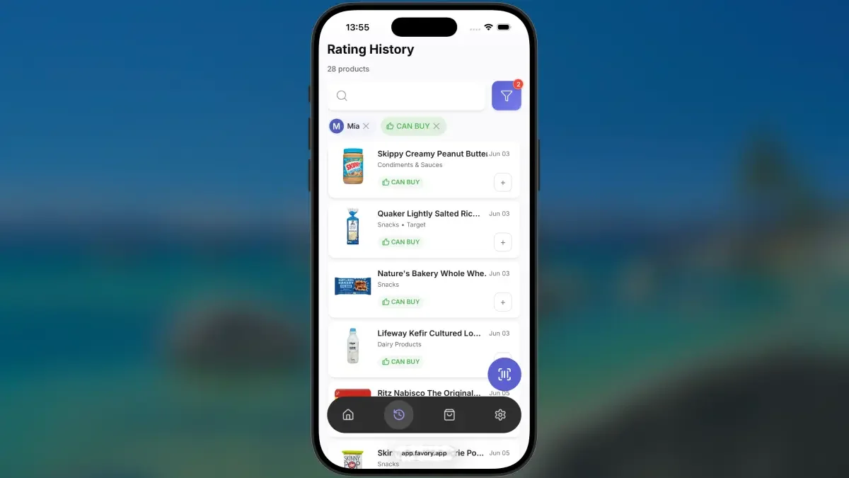 Favory app showing Mia's food rating history — 28 products tracked with CAN BUY filter