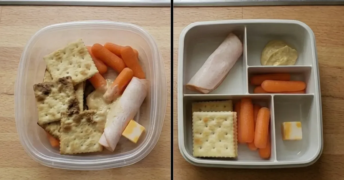 Left: regular container with soggy crackers mixed with carrots. Right: clean bento box with food in separate compartments