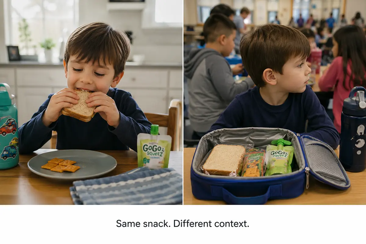 Diptych: left side shows a young boy happily eating a sandwich at home, right side shows the same boy at school cafeteria with his lunchbox open and the same food untouched while he looks away distracted