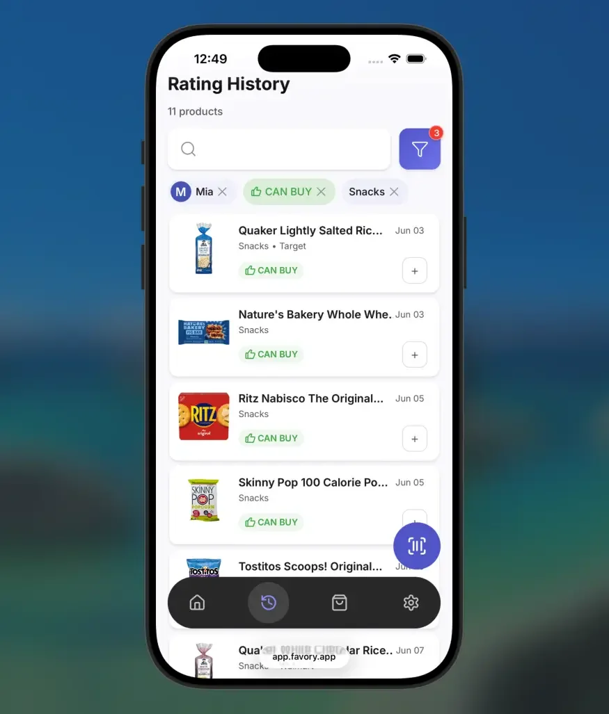 Favory app showing Mia's snack ratings — 11 snacks all marked CAN BUY