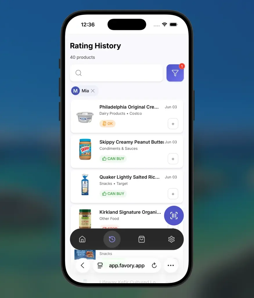Favory app showing Rating History for one child with mixed Tasty, OK and Not Tasty verdicts