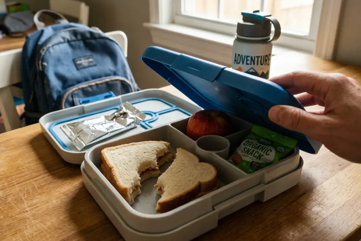 Parent opening a child's lunchbox after school — half-eaten sandwich, untouched apple