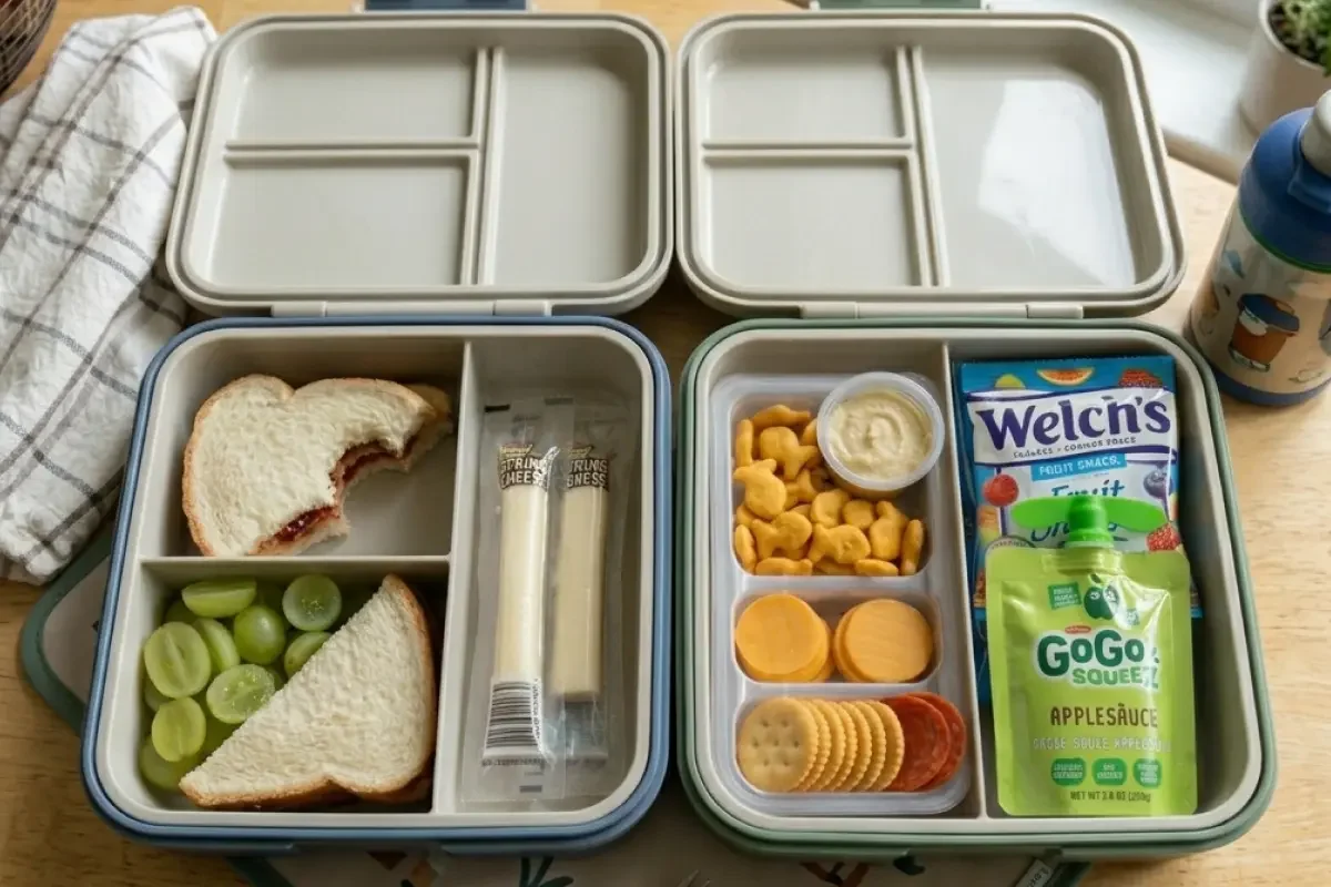 Two open lunchboxes side by side — homemade PB&J with grapes vs store-bought snacks