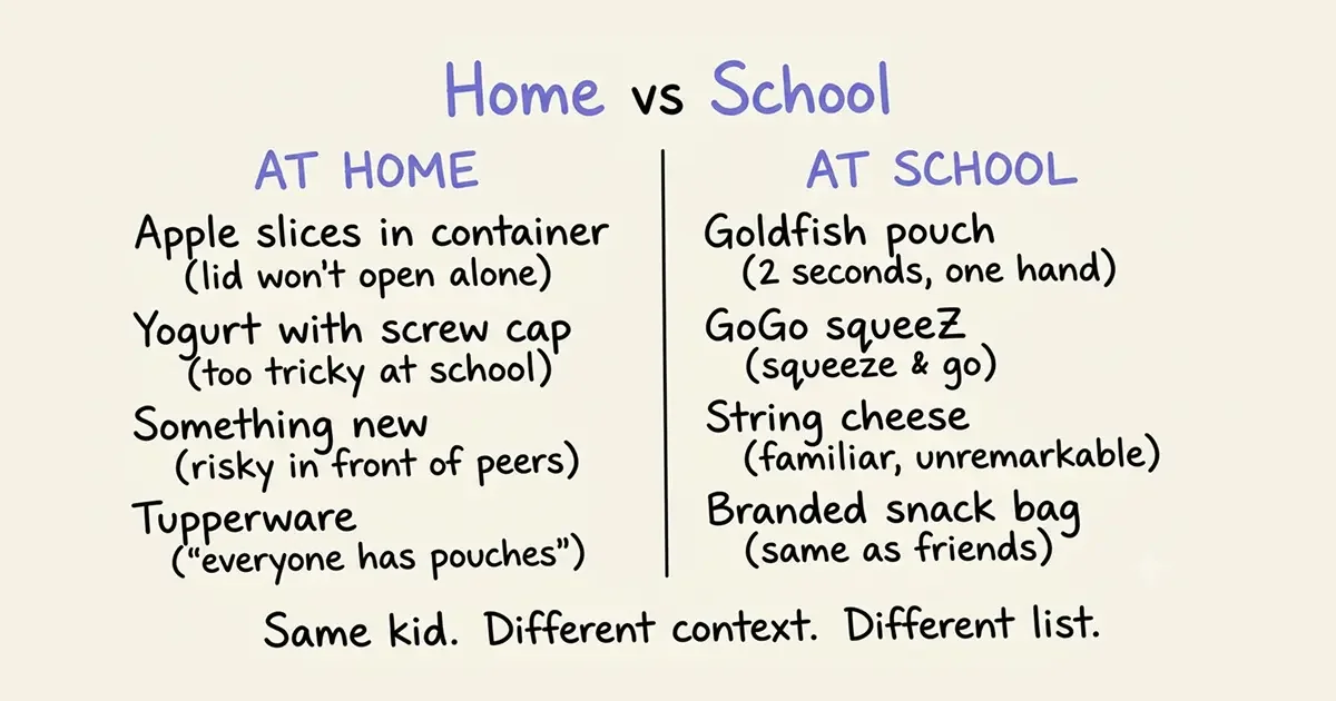 Home vs School snack comparison — apple slices and yogurt at home vs Goldfish pouch and GoGo squeeZ at school