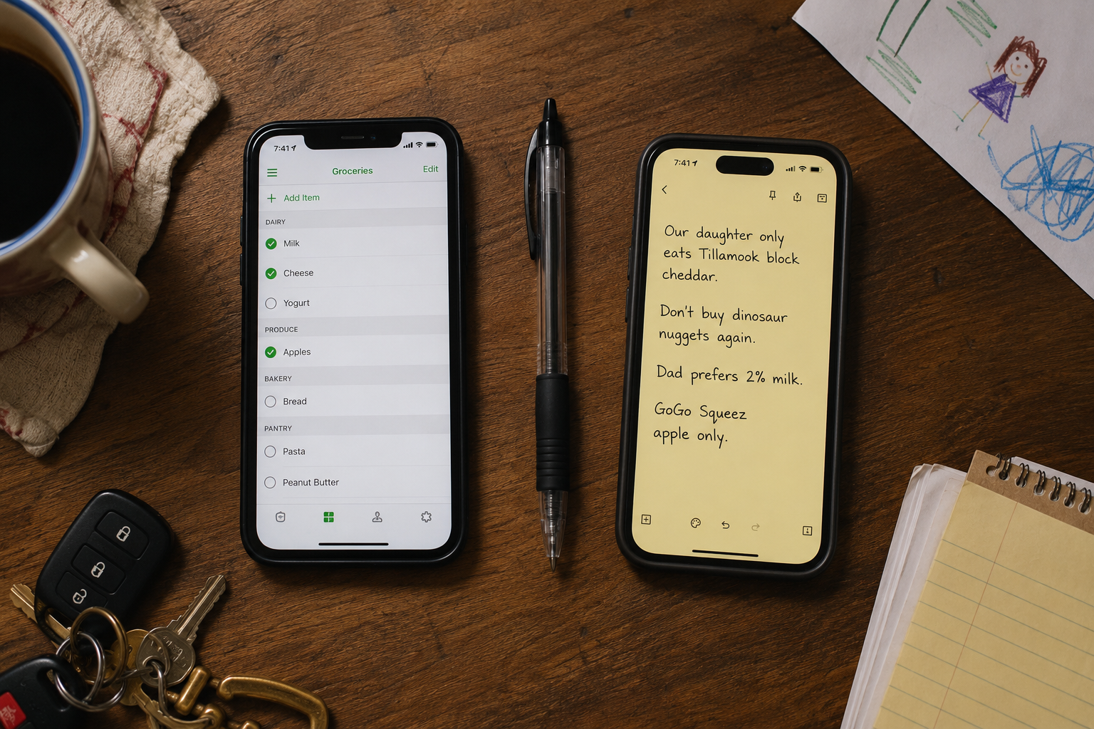 Top-down view of two phones on a kitchen table: left shows a grocery list with Milk, Cheese, Yogurt checked off; right shows a Notes app with family rules: our daughter only eats Tillamook block cheddar, don't buy dinosaur nuggets, Dad prefers 2% milk, GoGo Squeez apple only