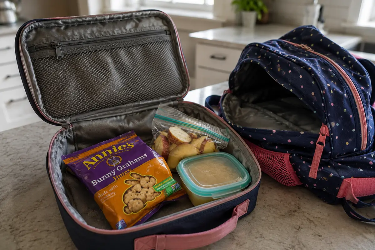Open lunchbox with Annie's Bunny Grahams and uneaten apple slices next to a school backpack on a kitchen counter