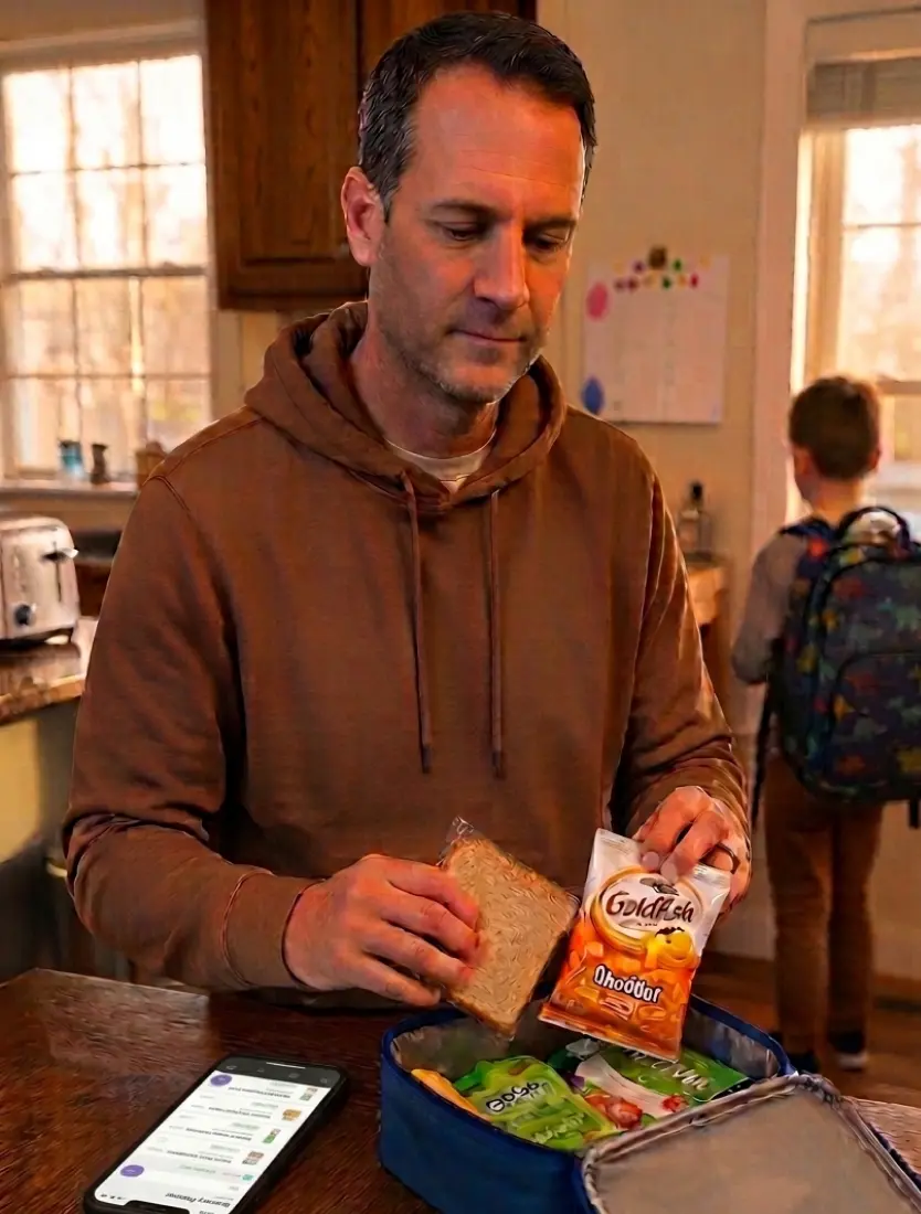 Dad packing a lunchbox in the morning with Goldfish Cheddar and GoGo Squeez — phone with Favory Rating History for Max showing CAN BUY products lies on the table, child with backpack visible in the background